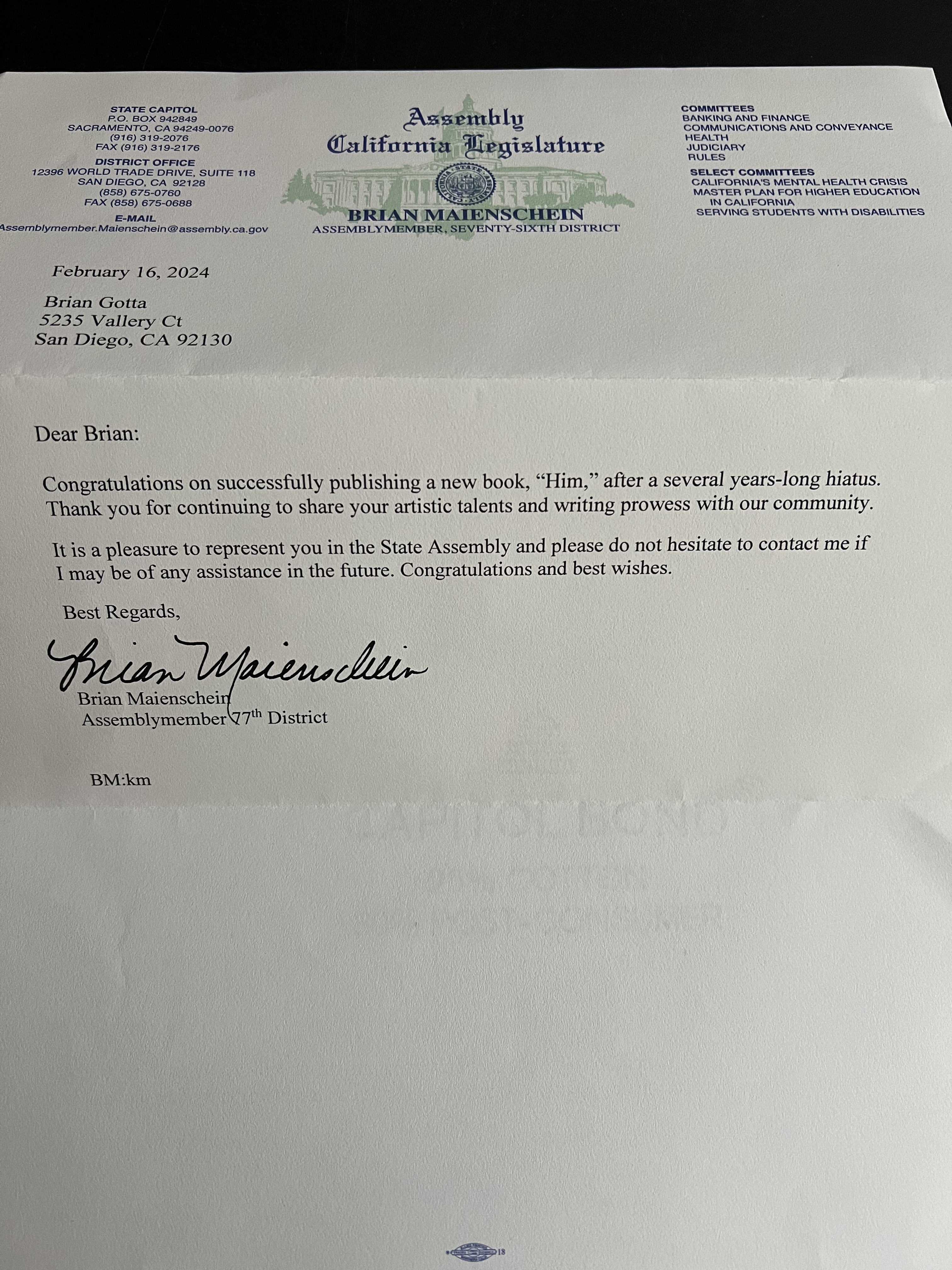 Received from my State Assemblyman