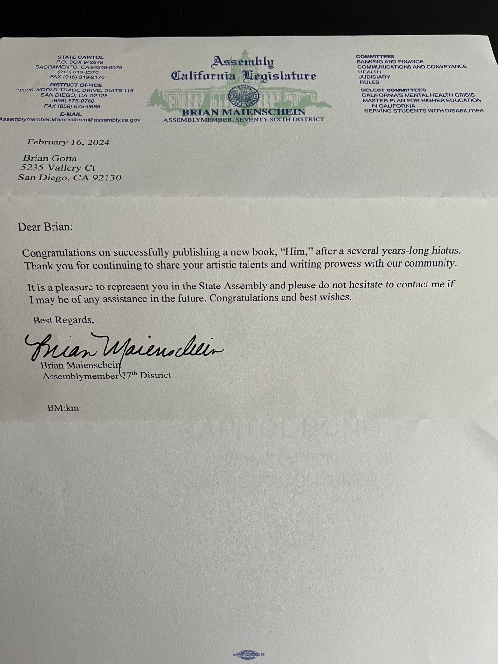 Received from my State&nbsp;Assemblyman